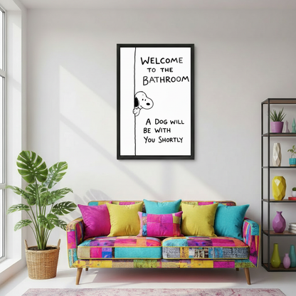 Funny dog bathroom humor canvas print displayed in modern living room – quirky dog wall art decor