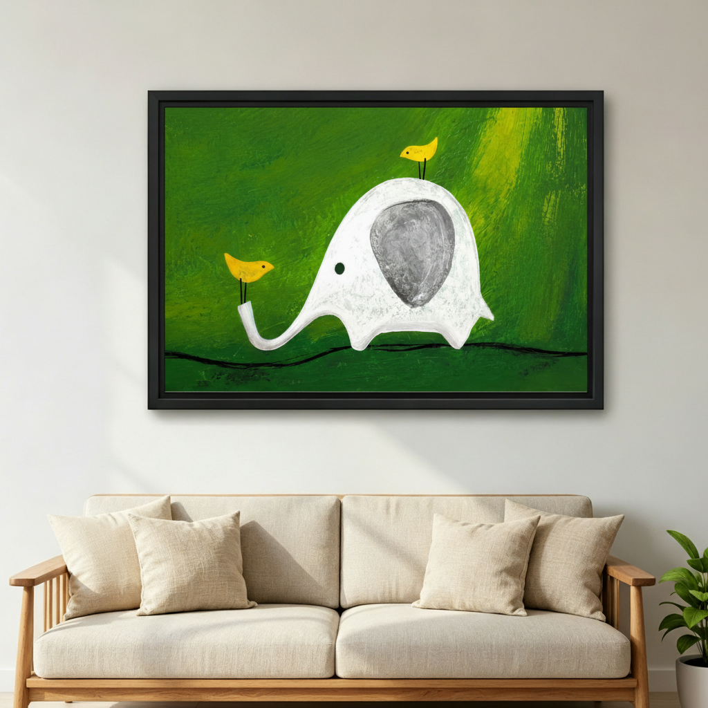 Framed whimsical elephant art print, unique colorful gift idea for kids room