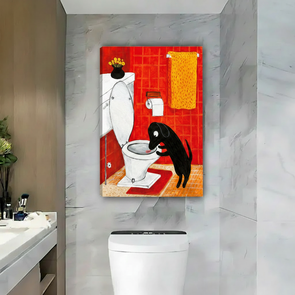Whimsical black dog toilet canvas wall art no frame mounted on marble bathroom wall