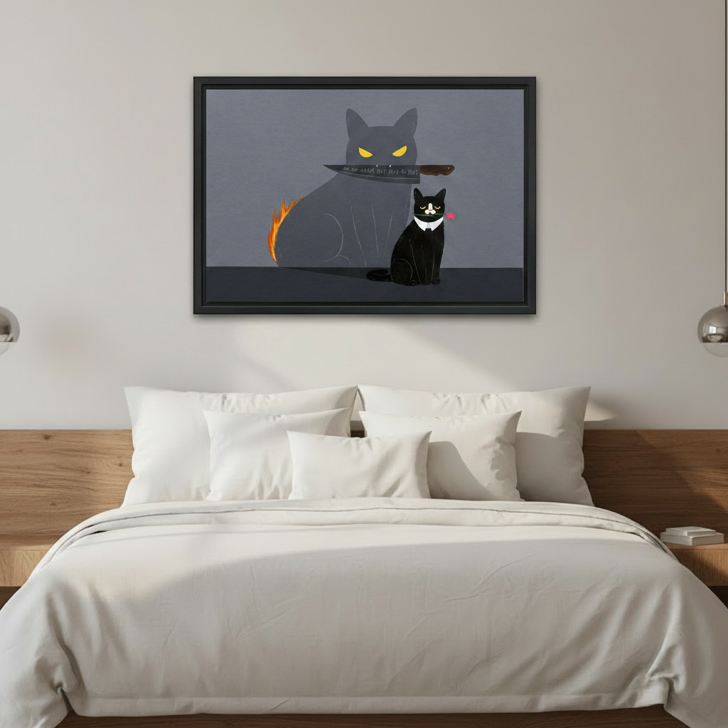 Do No Harm black cat shadow canvas wall art — frameless gallery wrap displayed above an entryway console
