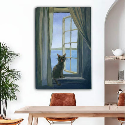 Smiling cat window canvas wall art, gallery wrap frameless, modern living room decor