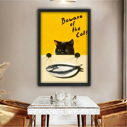 Beware of the Cat retro black cat wall art print in black frame, dining room wall decor