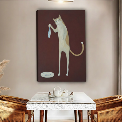 Quirky cat with fish framed canvas print – deep red wall art for dining room