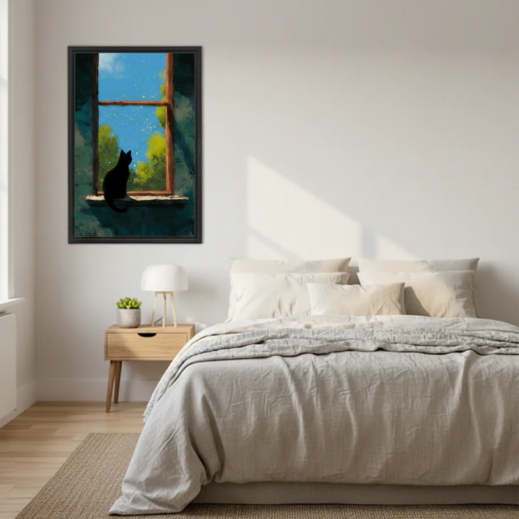 Black Cat Window Starry Night Whimsical Wall Art Print l1987