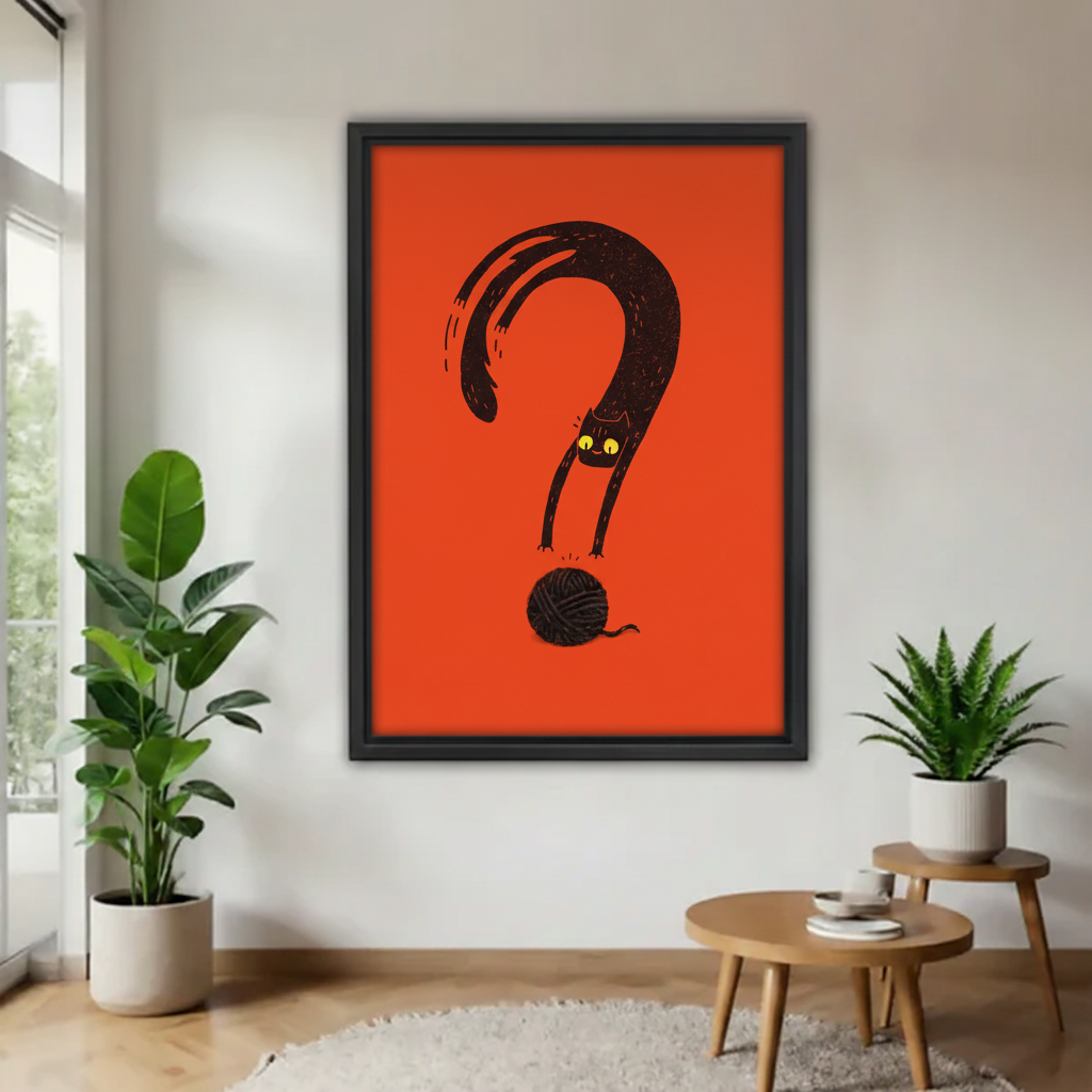Funny black cat question mark graphic framed canvas wall art – black frame, bold orange-red background, yellow glowing eyes, hung on white wall in minimalist living room with tropical plants and round wood table