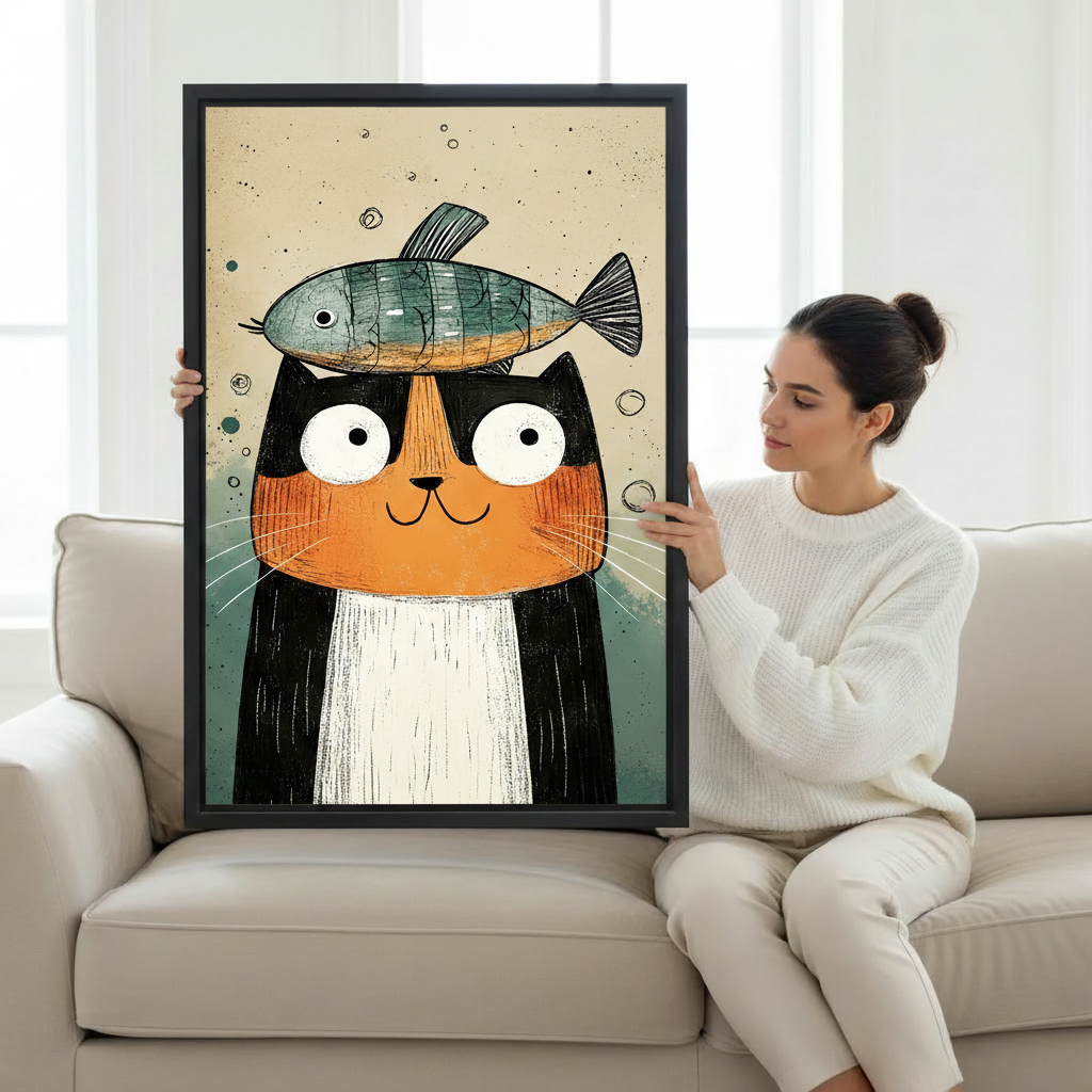 Cat lover gift canvas print, quirky cat with fish illustration wall art