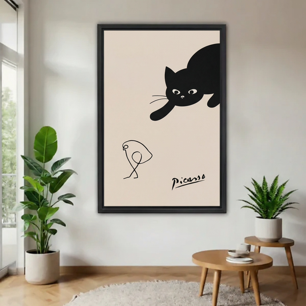 Picasso bird black cat minimalist framed canvas wall art — bold cat facing Picasso-style line bird, black frame, modern living room decor