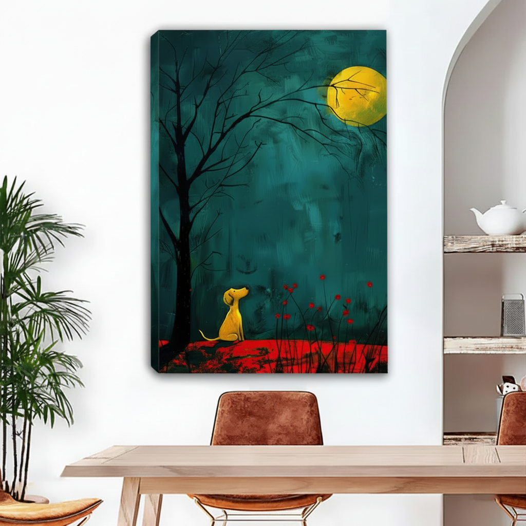 Golden dog gazing moon teal night gallery wrap canvas – frameless illustration wall art in boho dining room