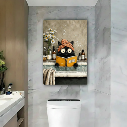 Whimsical black cat with towel turban reading book gallery wrap canvas wall art for bathroom decor