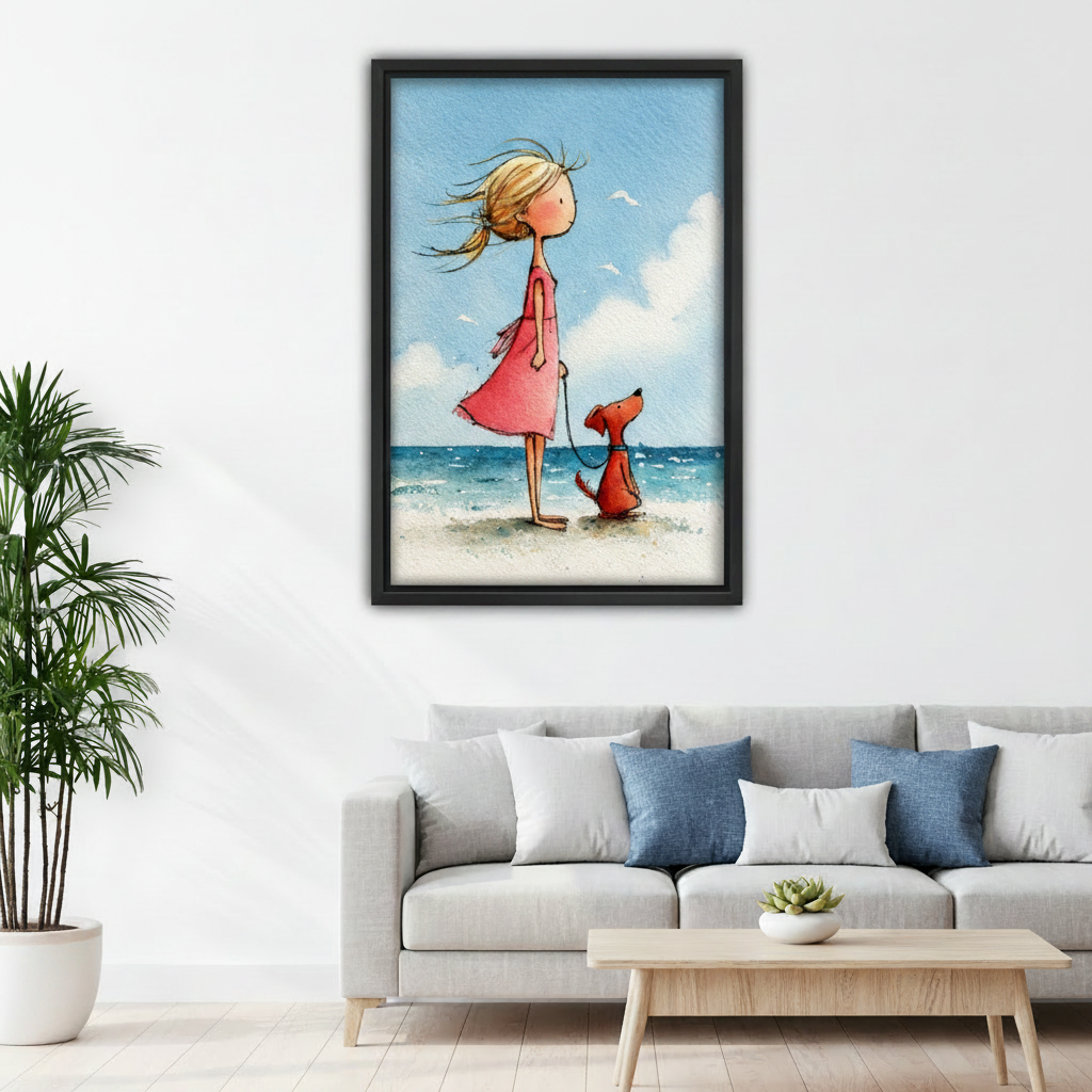 Whimsical girl and dog beach watercolor framed print above living room sofa, soft coastal wall art for modern home decor