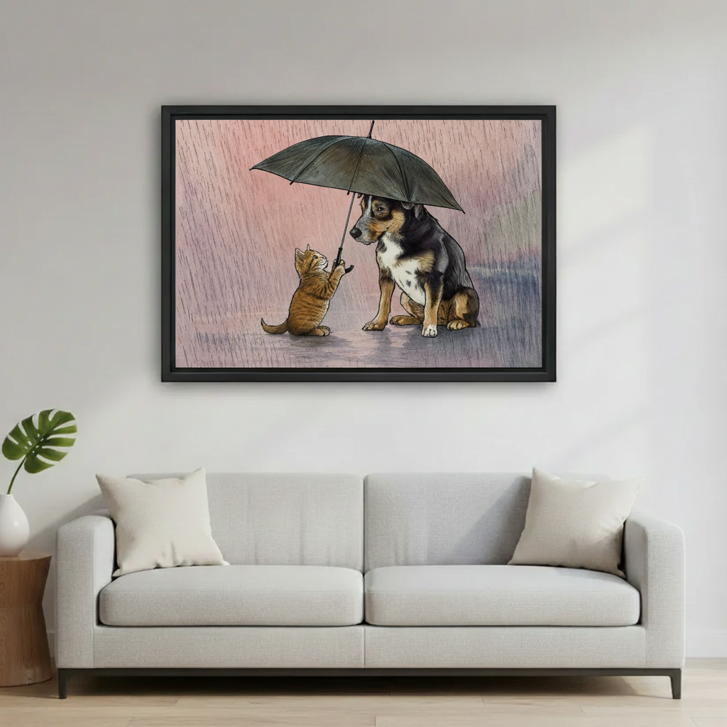 Cat and Dog Rainy Day Canvas Wall Art - Whimsical Animal Illustration for Living Room