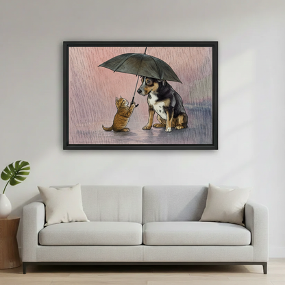 Cat and Dog Rainy Day Canvas Wall Art - Whimsical Animal Illustration for Living Room