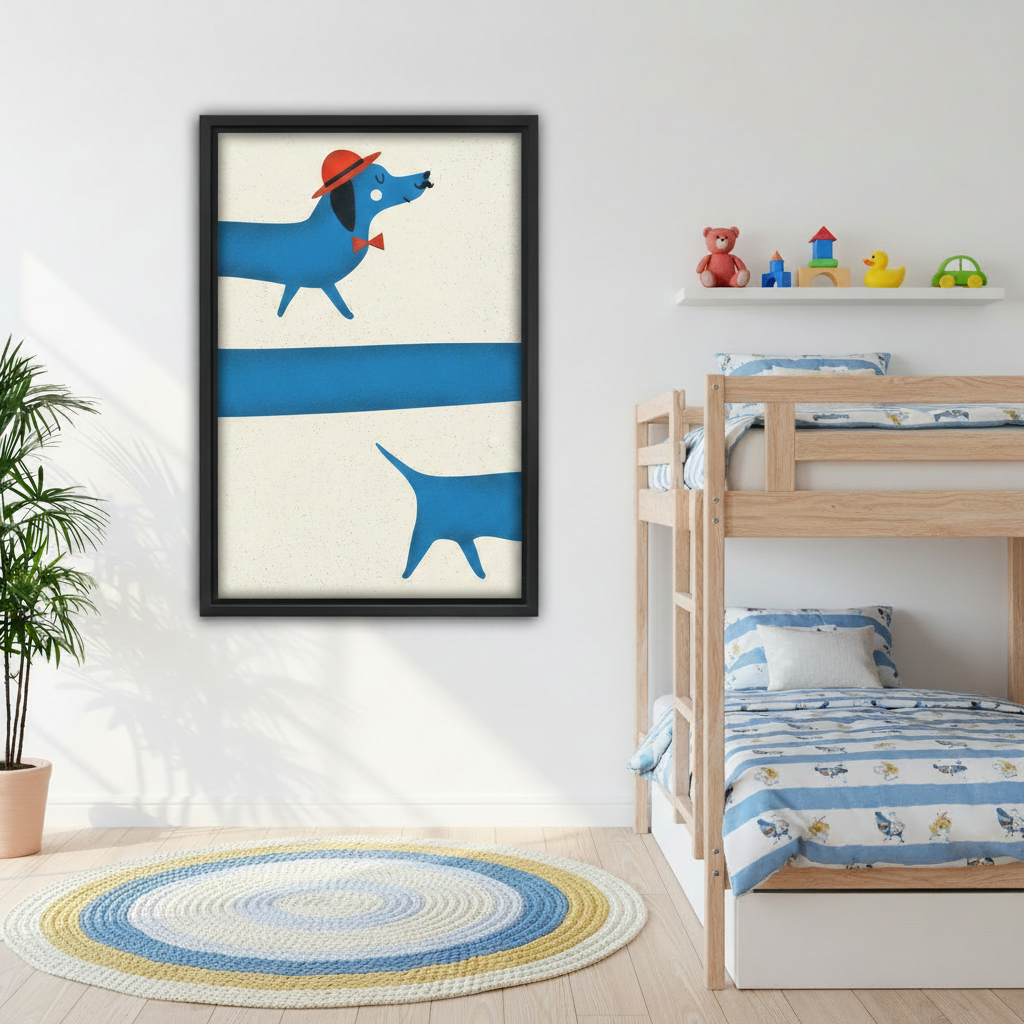 Retro dachshund framed wall art in kids bedroom, bold blue long dog poster with red hat, whimsical animal home decor