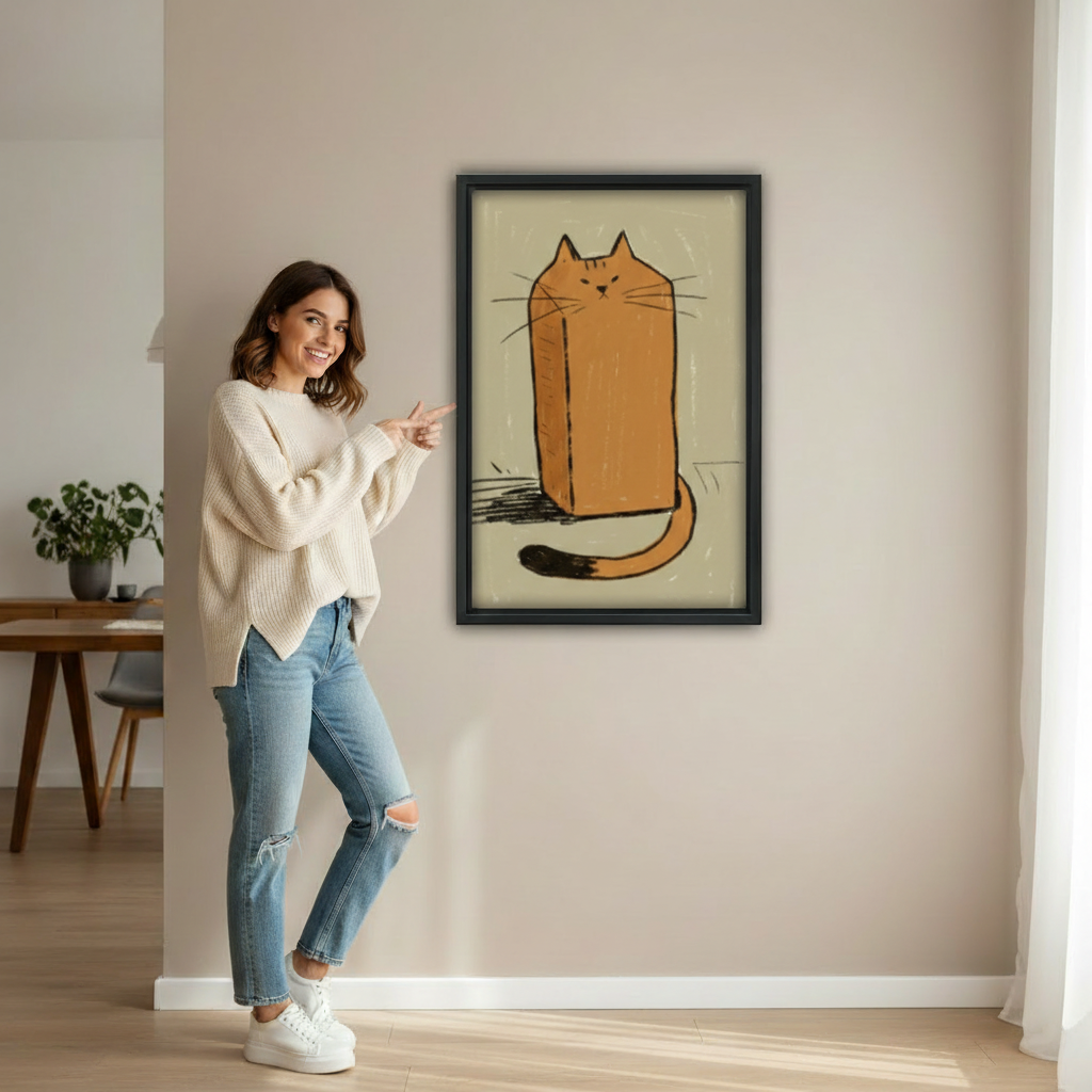 Woman pointing at orange loaf cat sketch framed canvas wall art print on beige wall