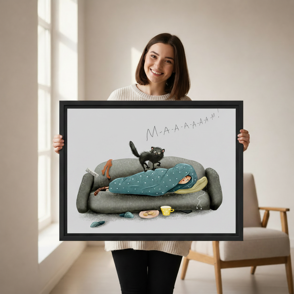 Humorous cat disrupting sleep framed canvas print — funny cat wall art displayed in cozy bedroom setting