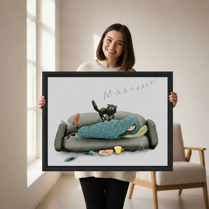 Humorous cat disrupting sleep framed canvas print — funny cat wall art displayed in cozy bedroom setting