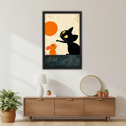 Black cat and mouse vintage illustration framed print above mid-century sideboard in bright living room