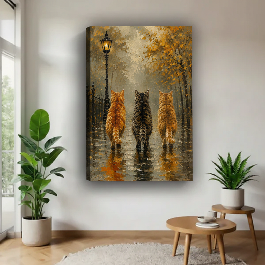 Autumn night cats oil painting canvas wall art hanging in modern living room