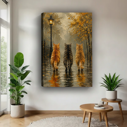 Autumn night cats oil painting canvas wall art hanging in modern living room