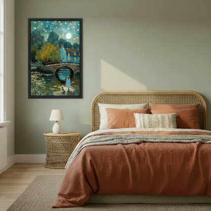 Moonlit girl and cat fantasy oil painting canvas print in cozy bedroom — whimsical night scene, romantic bedroom wall art