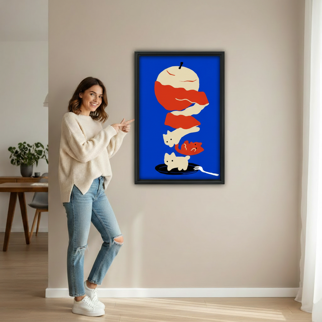 Woman pointing at blue cat apple graphic framed canvas wall art print on beige wall