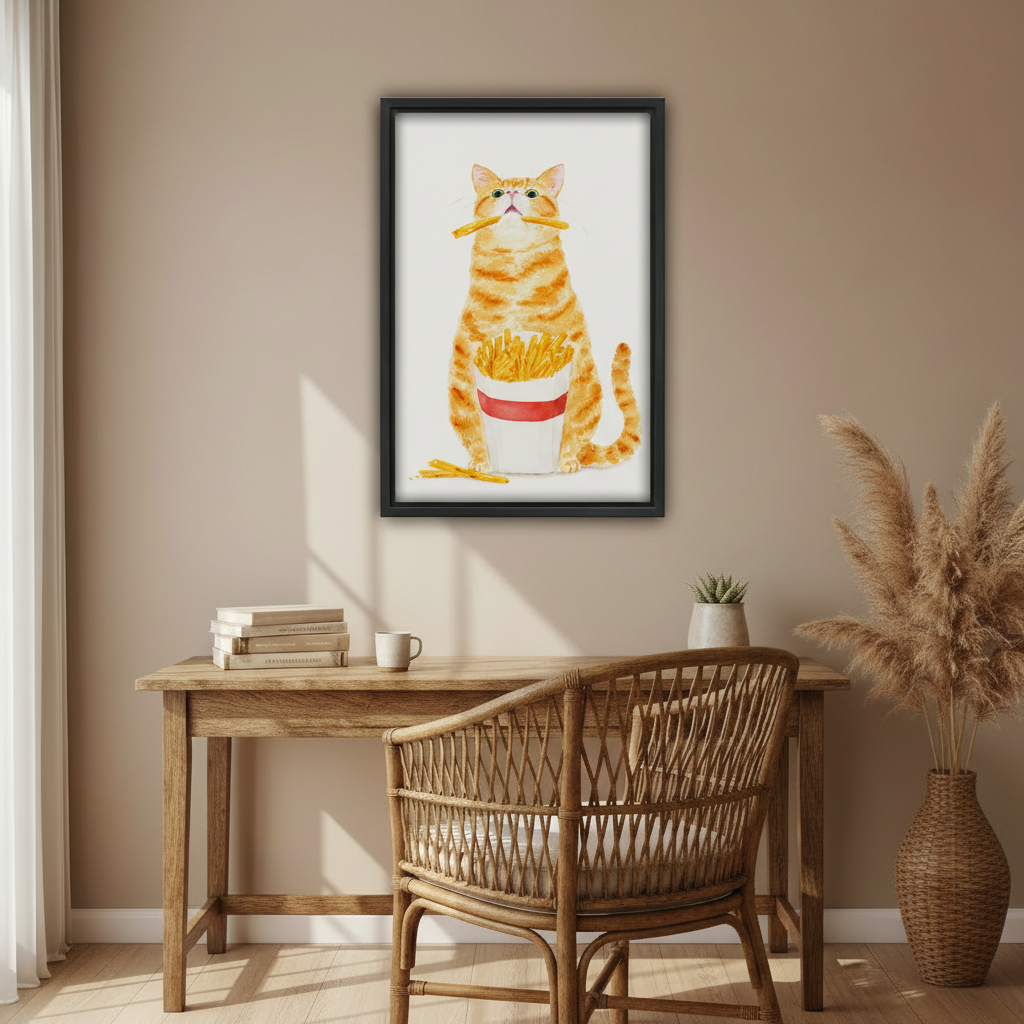Funny cat food watercolor canvas wall art, whimsical kitchen decor print