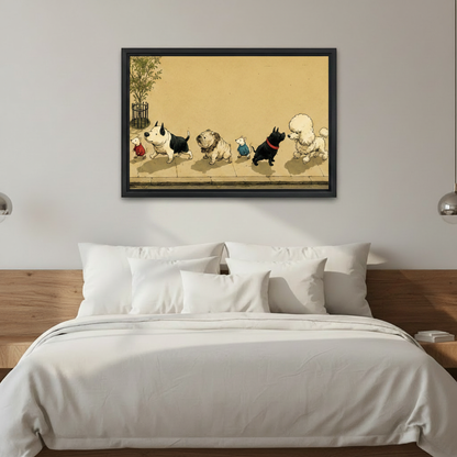 Whimsical dogs mice parade canvas wall art above sofa living room vintage storybook decor
