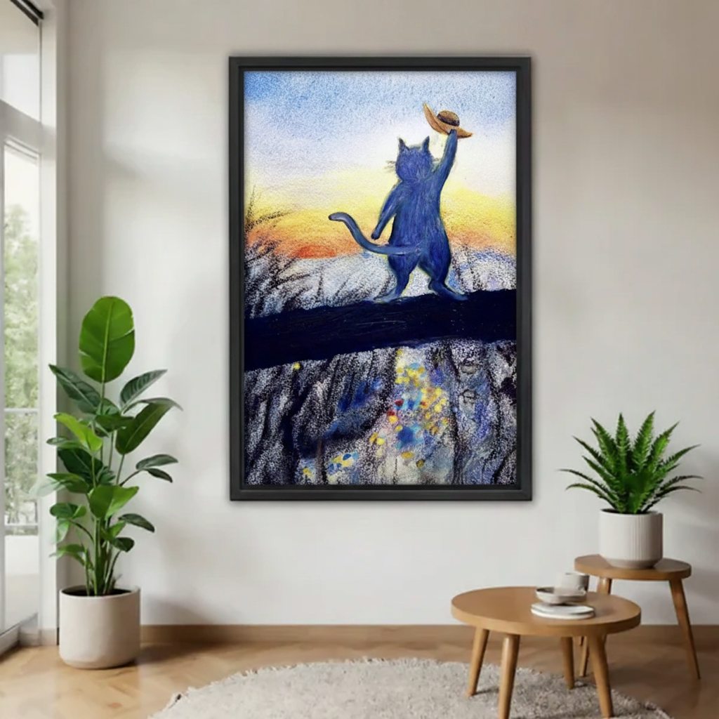 Blue cat raising straw hat at sunset pastel oil painting framed canvas wall art – black frame, orange-gold sky with flower field reflection, hung in bright Scandinavian living room with cream sofa and tropical plant