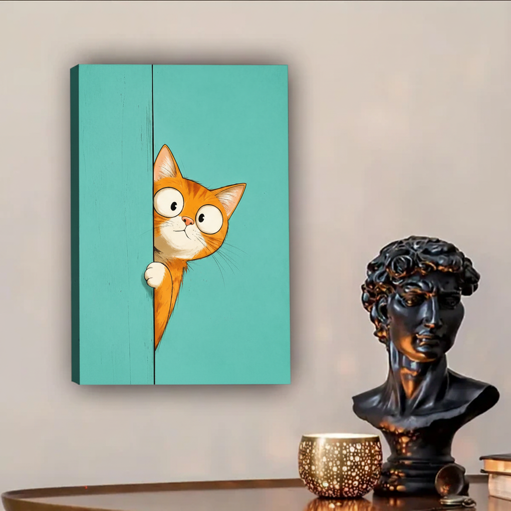Peeking orange cat gallery wrap canvas wall art in Scandinavian interior