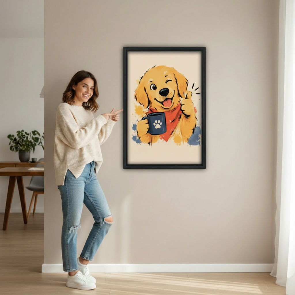 Cute Golden Retriever Puppy Watercolor Wall Art Framed l2037