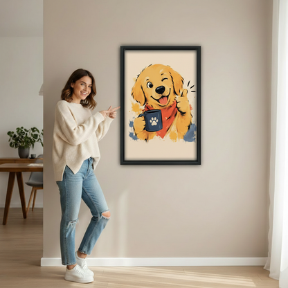 Cute Golden Retriever Puppy Watercolor Wall Art Framed l2037