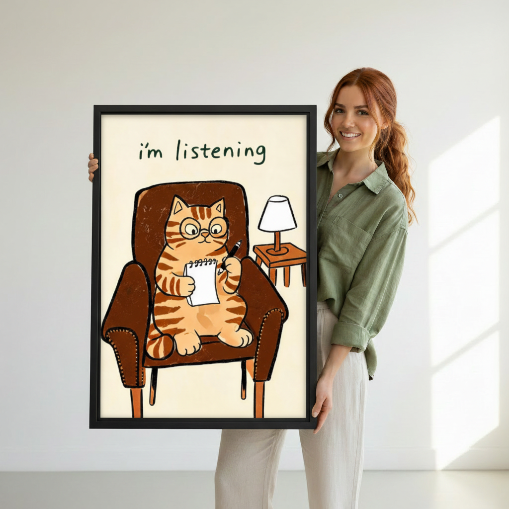 Woman holding funny therapist cat canvas wall art print in black frame, whimsical cat illustration poster for cat lovers