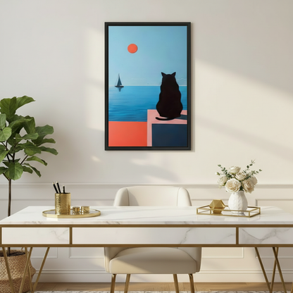 Minimalist Black Cat Ocean View Canvas Wall Art - Modern Cat Poster for Gallery Wall