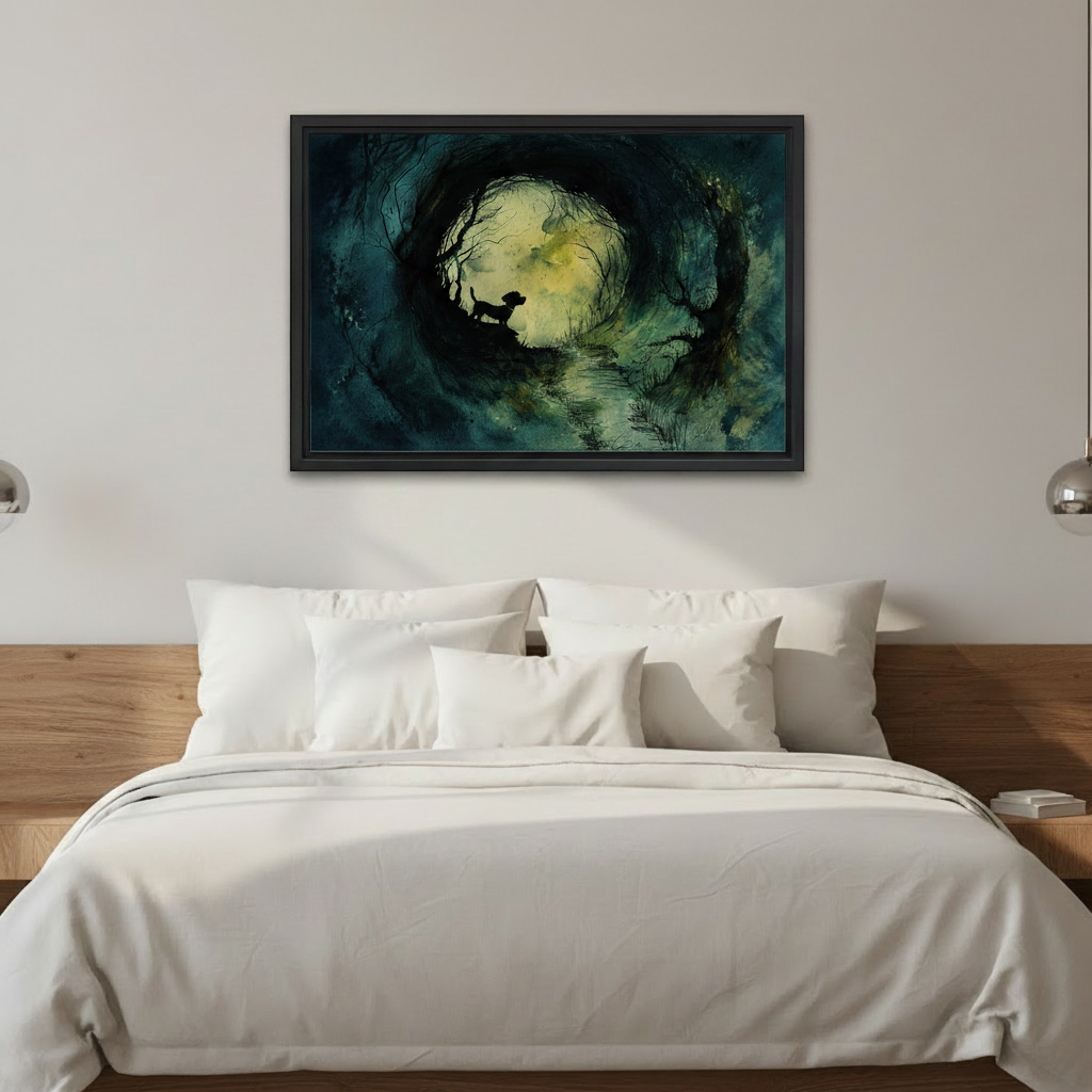 Dog moonlight dark forest watercolor framed canvas wall art above bed in moody bedroom, mystical fantasy home decor