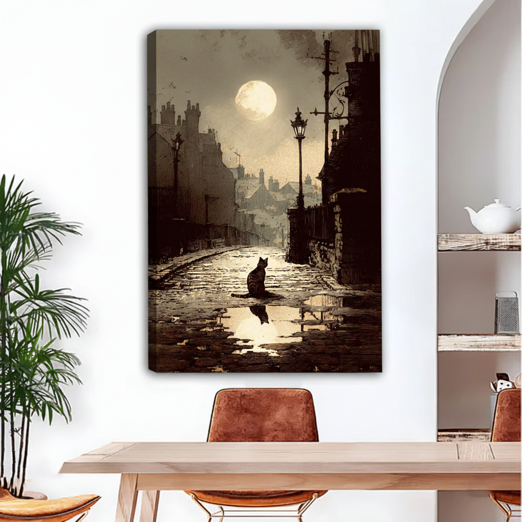 Dark moody black cat rainy night street canvas art print frameless gallery wrap for gothic home decor