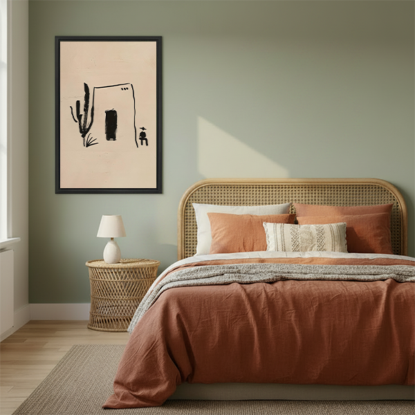 Black-framed desert house and cactus canvas wall art displayed beside a rattan headboard in a bedroom with terracotta bedding.