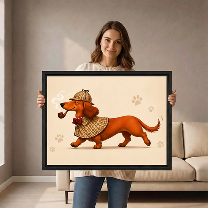 Woman holding large whimsical detective dachshund framed canvas print showing size reference