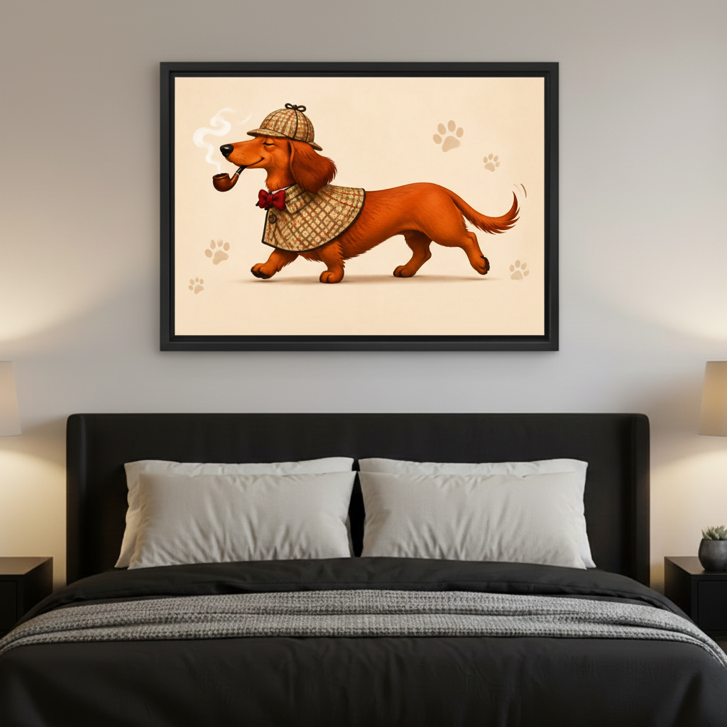 Whimsical detective dachshund dog canvas wall art perfect for kids room or playful home office decor