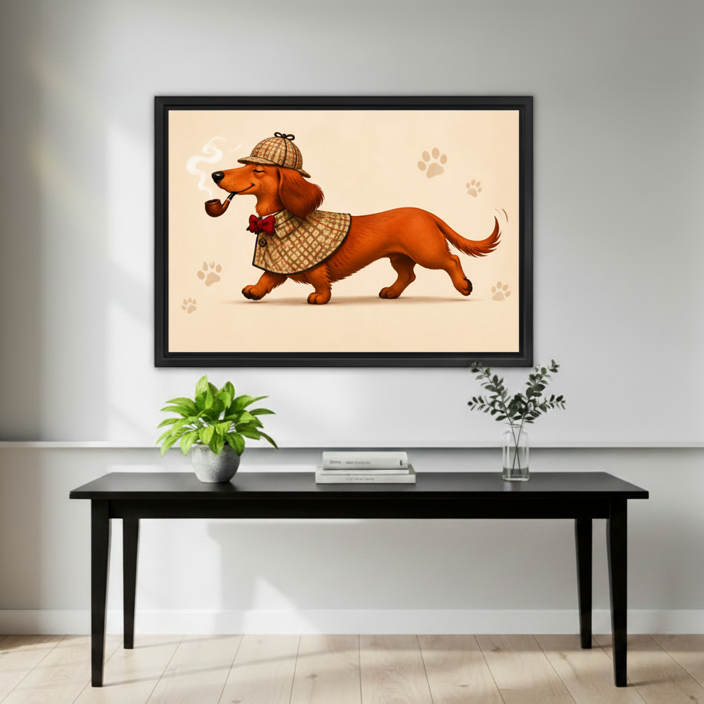 Charming detective dachshund in Sherlock cape framed canvas print above sofa in cozy living room