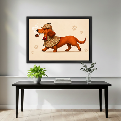 Charming detective dachshund in Sherlock cape framed canvas print above sofa in cozy living room