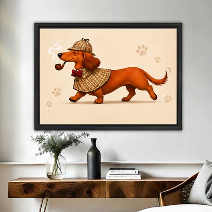 Whimsical detective dachshund in Sherlock cape and pipe framed canvas print hung above console in bedroom