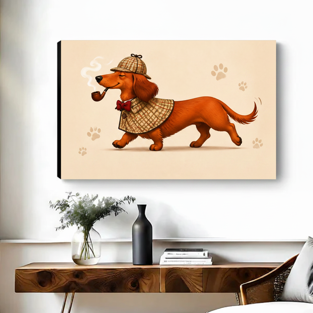 Funny detective dachshund Sherlock dog gallery wrap canvas art displayed above console table in living room