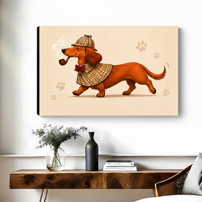 Funny detective dachshund Sherlock dog gallery wrap canvas art displayed above console table in living room