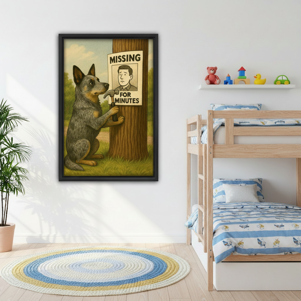 Vintage humor dog canvas wall art print hanging above grey sofa in cozy living room