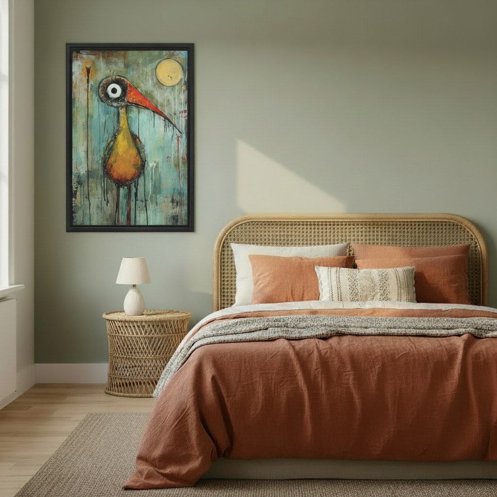 Abstract expressionist bird grunge canvas wall art in black frame in cozy bedroom — bold one-eyed bird oil painting above bed, eclectic wall decor