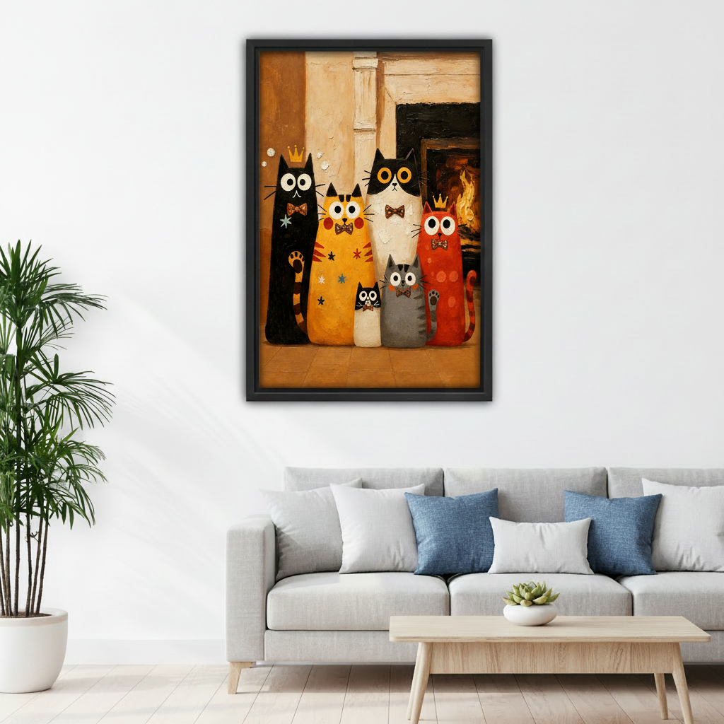Folk art cat family canvas wall art in black frame above grey sofa with colorful cushions in cozy Scandinavian living room