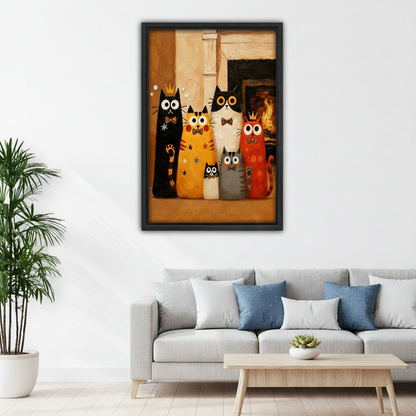 Folk art cat family canvas wall art in black frame above grey sofa with colorful cushions in cozy Scandinavian living room