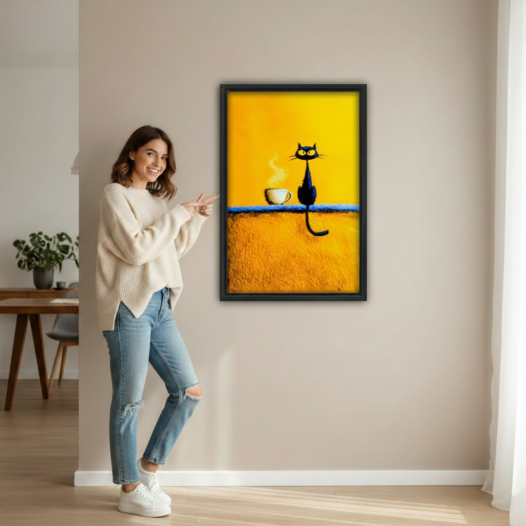 Black cat coffee golden yellow minimalist wall art displayed in living room, modern cat canvas print