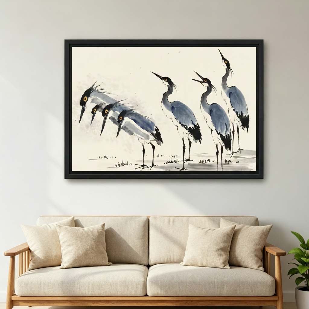 Heron canvas wall art hung above bed in serene bedroom, Chinese ink bird print, minimalist nature decor for peaceful space