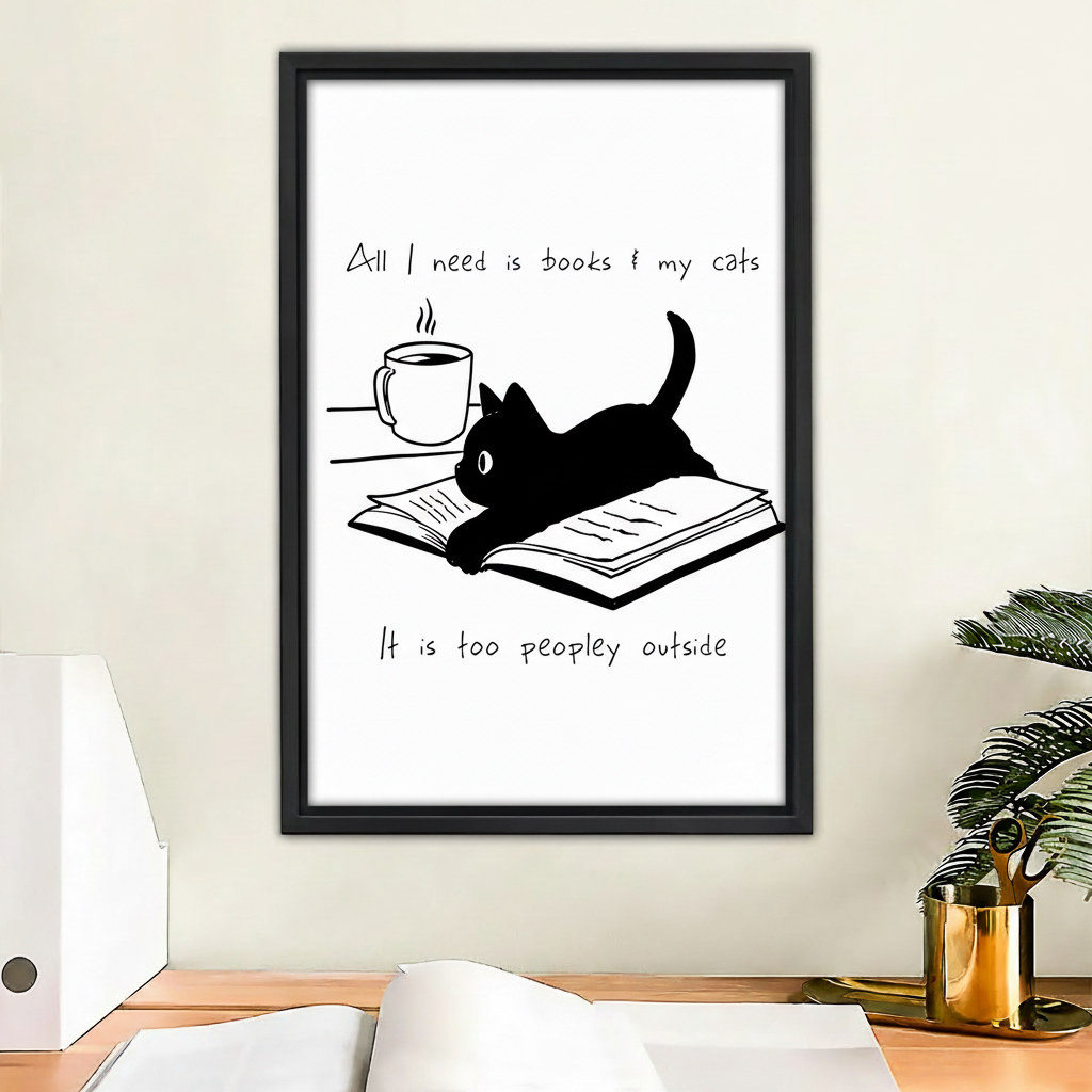 Funny black cat lying on book with humorous quote canvas wall art print, minimalist line art
